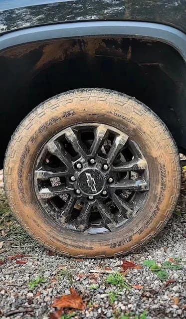 Toyota Tundra tires and wheels before iron decontamination — CastroShines Mobile Detailing